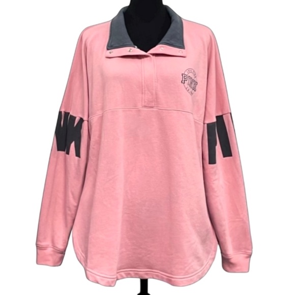 PINK Victoria’s Secret 1/4 Snap Logo Sweatshirt Size L Blush Pink Oversized - Picture 1 of 13